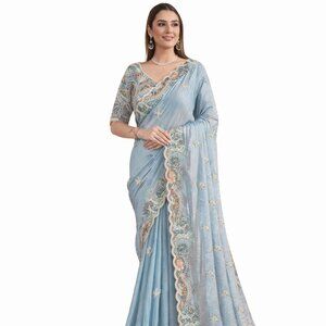 Exquisite Women's Hand Embroidered Two Tone Satin Silk Blue Saree